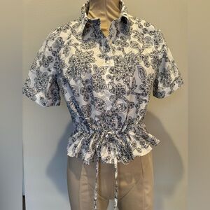 Ann Taylor Weekend Black and White Paisley Drawstring Button down Shirt Sz S